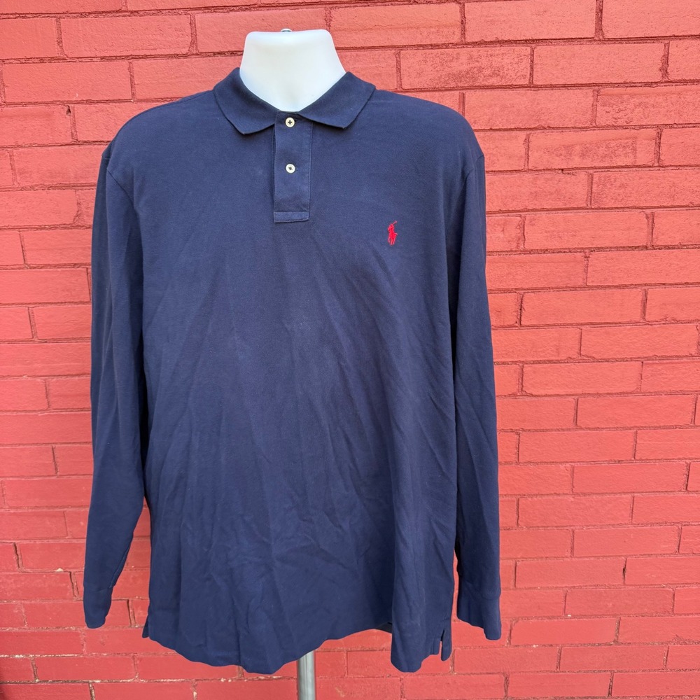 Polo Ralph Lauren Mens XL Classic Fit Long Sleeve Pique Polo Shirt Navy Blue Red